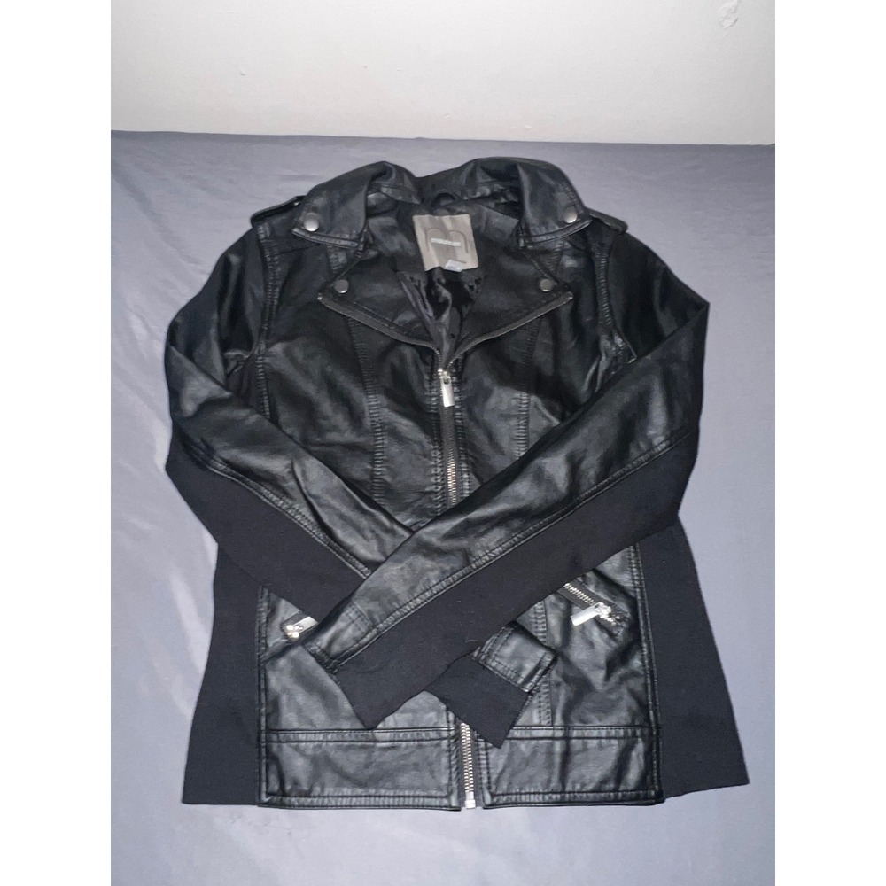 Maurices Moto Jacket Womens XS Black NEW Faux Leather Ribbed Knit Trim